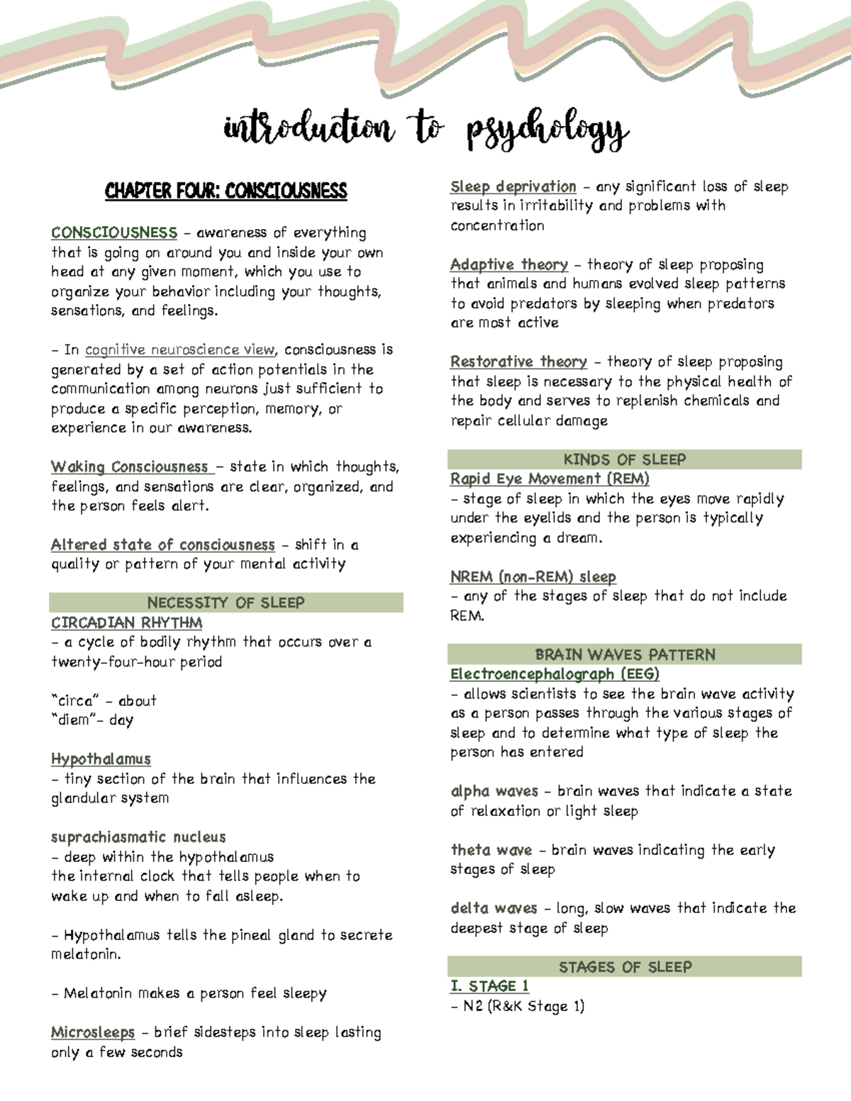 Intro to Psych Chapters 4 5 - CHAPTER FOUR: CONSCIOUSNESS CONSCIOUSNESS ...