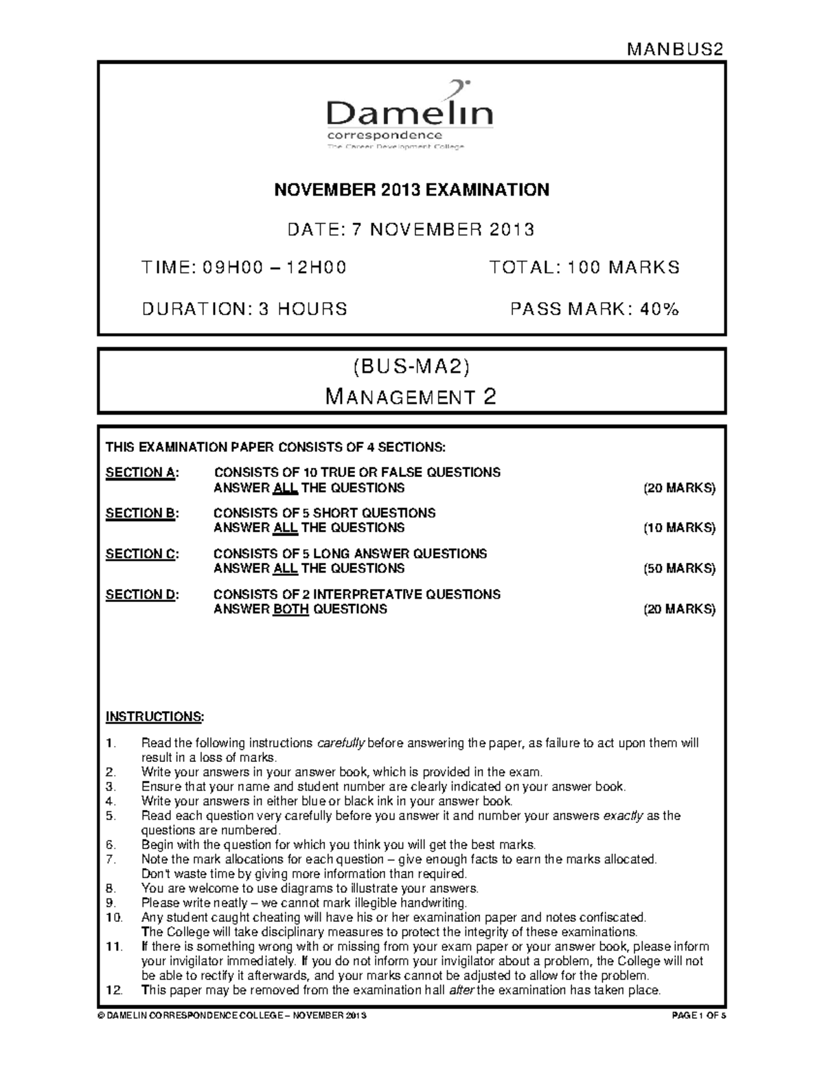 Exam Question Paper - Management 2 Nov2013 - MANBUS NOVEMBER 2013 ...