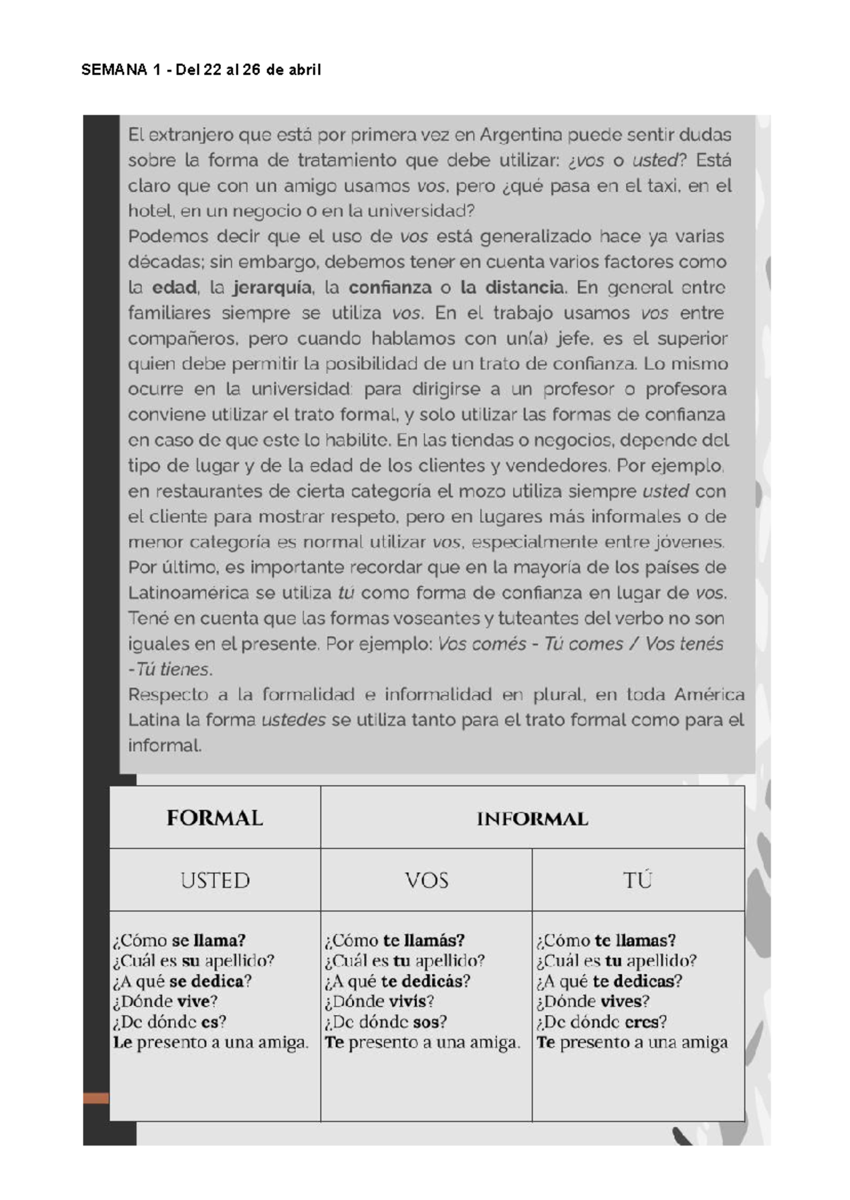 Material Semanas 1 y 2 - SEMANA 1 - Del 22 al 26 de abril le su - Studocu
