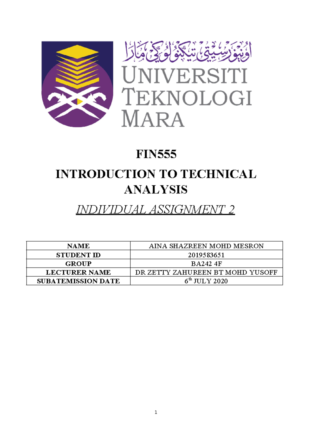 Example 2 - FIN INTRODUCTION TO TECHNICAL ANALYSIS INDIVIDUAL ...