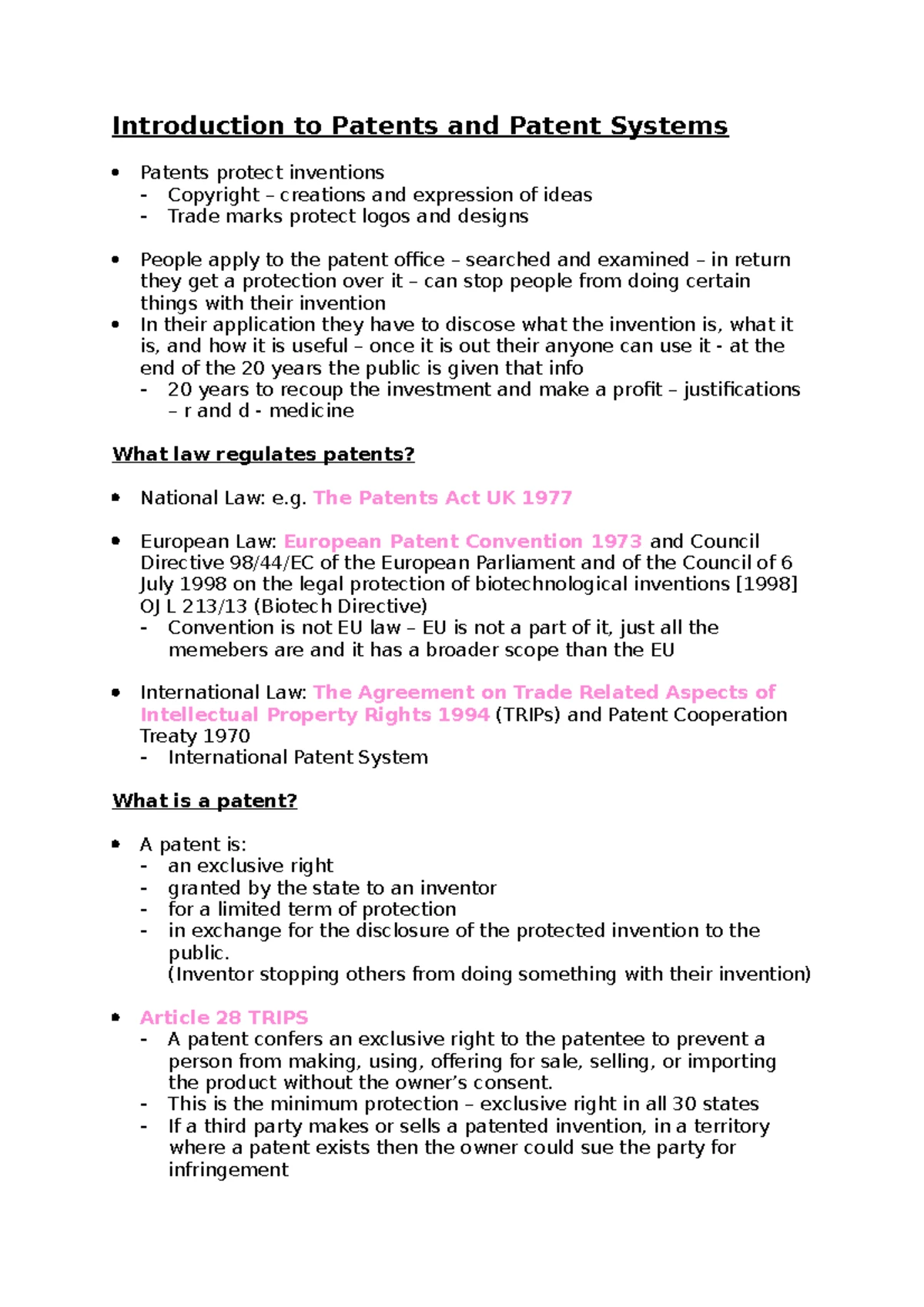 Patent notes - Introduction to Patents and Patent Systems What is a ...