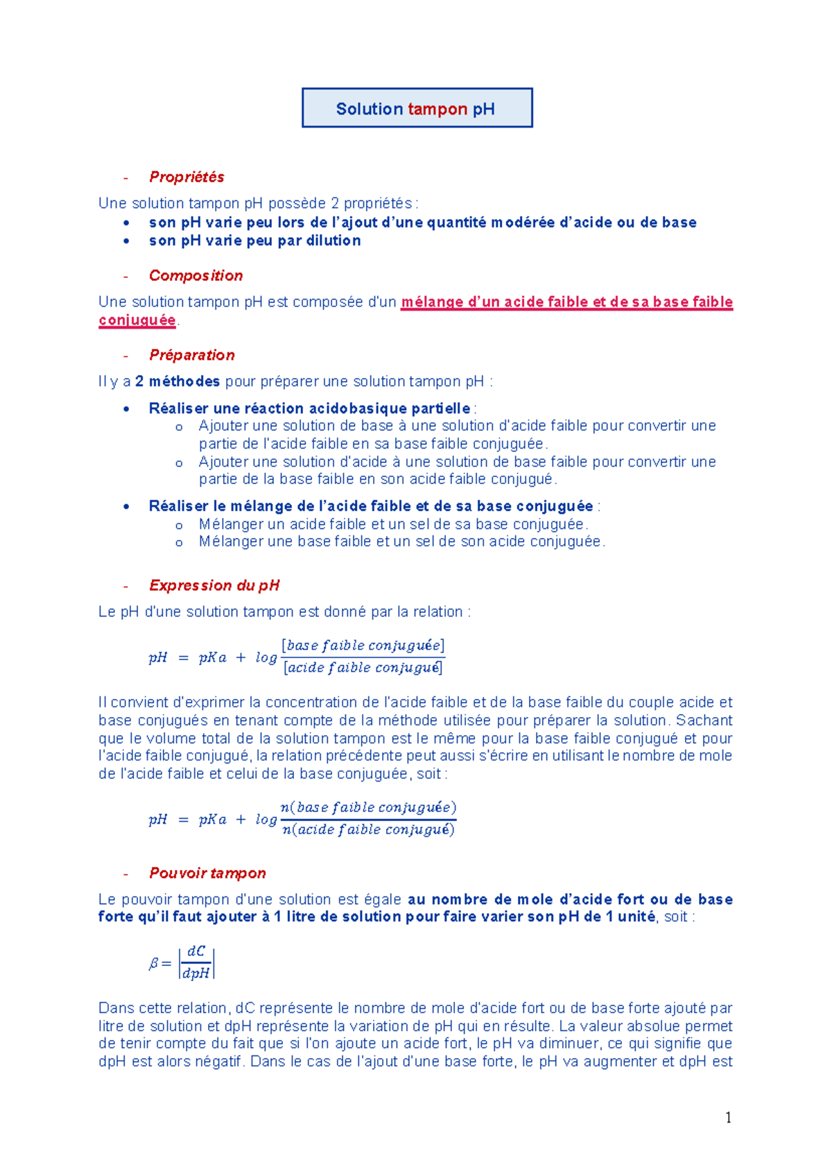 Solution tampon p H - Résumé chimie - 1 Solution tampon pH Propriétés ...