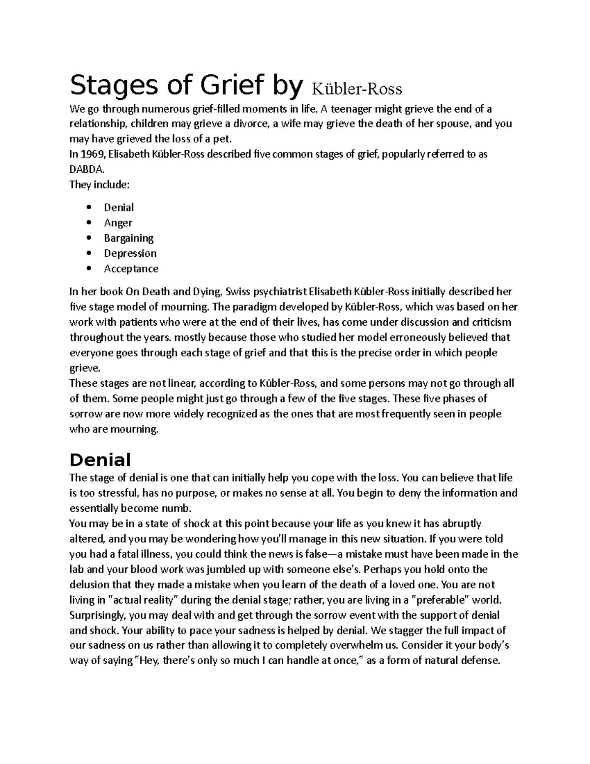 research paper on the stages of grief