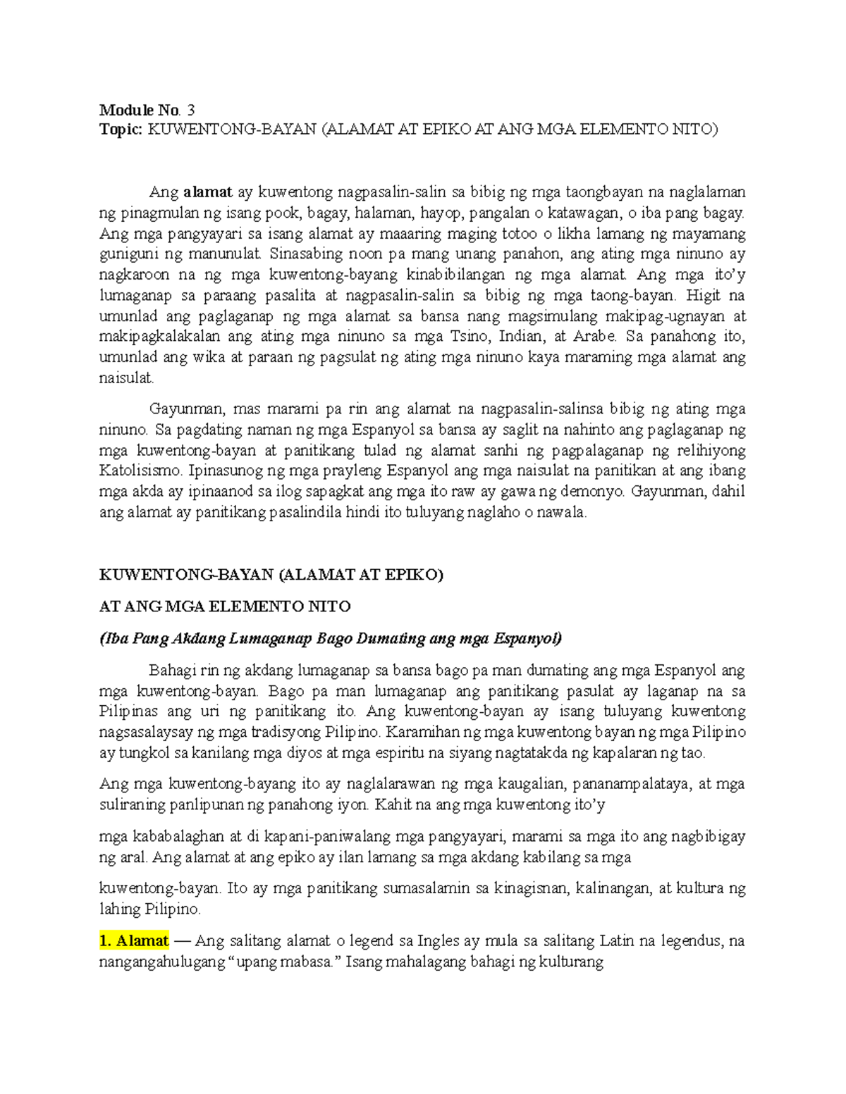 Panitikan Midterm Notes - Module No. 3 Topic: KUWENTONG-BAYAN (ALAMAT ...