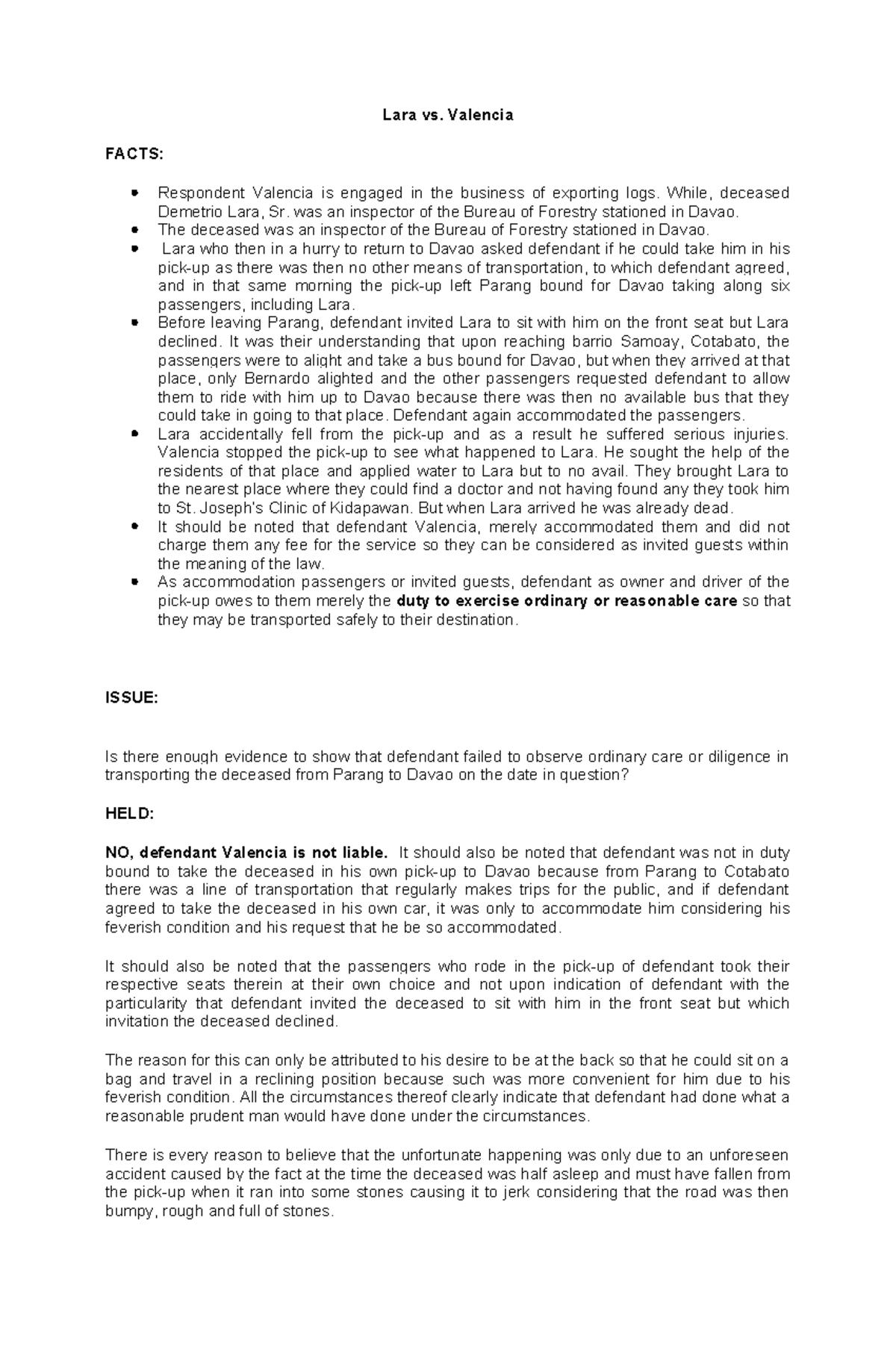 Lara vs. Valencia - Summary Torts and Damages - Lara vs. Valencia FACTS ...