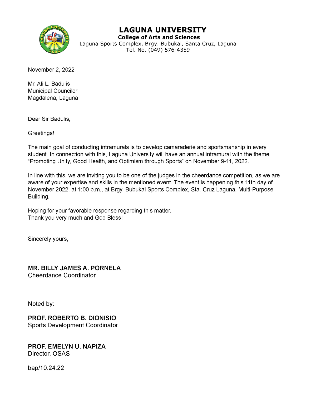 Letter for Judges in cheerdance - LAGUNA UNIVERSITY College of Arts and ...