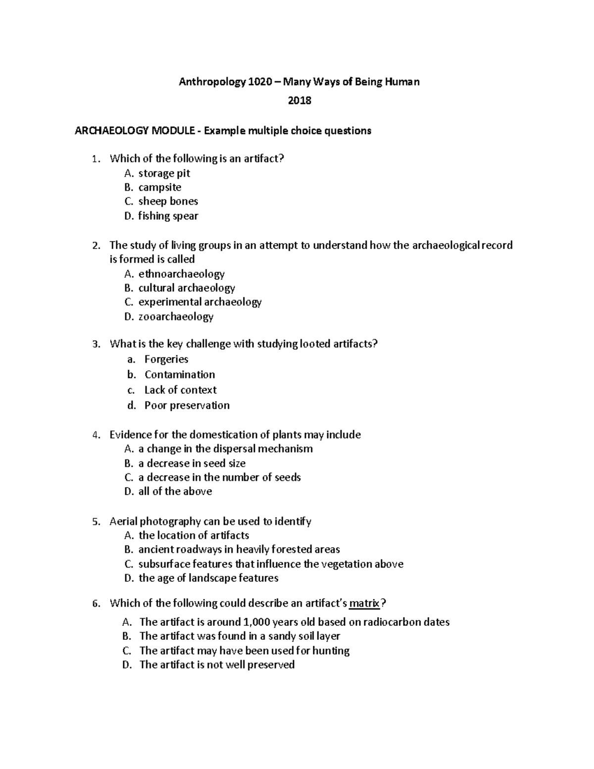 Example Archaeology Multiple Choice Questions Anthropology 1020