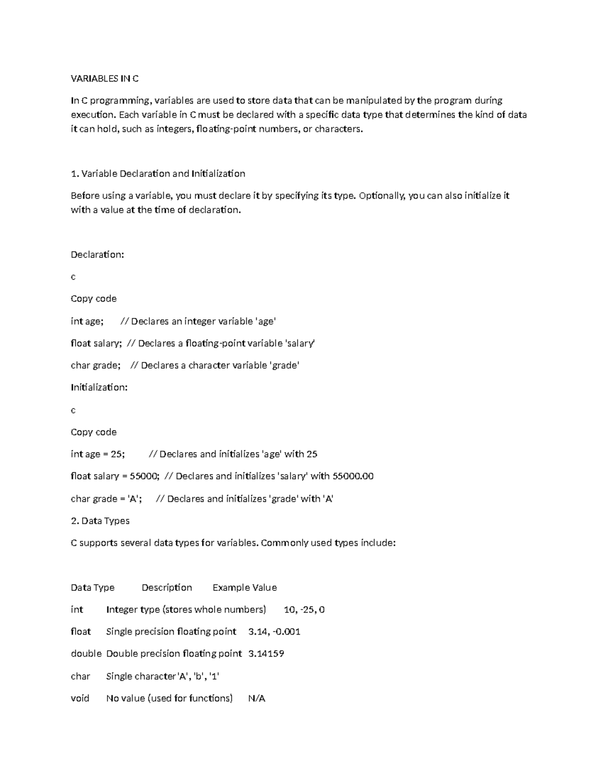 Variables IN C - short notes - VARIABLES IN C In C programming ...