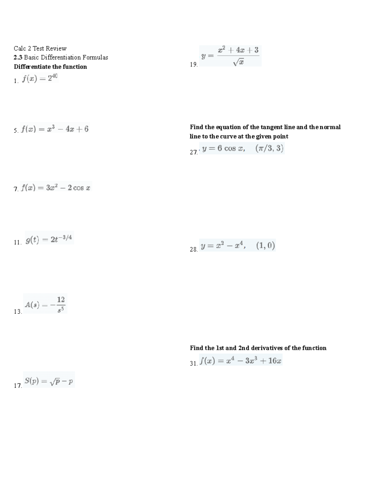 Calc 2 Test Review - Calc 2 Test Review 2 Basic Differentiation ...