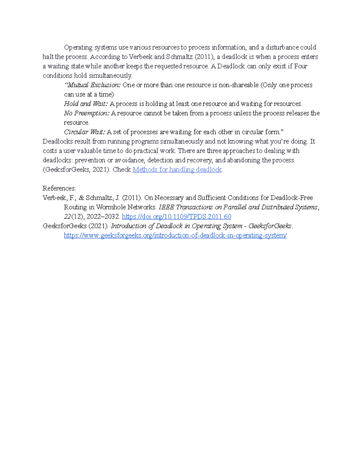 Cyb 204 conditions for deadlock operating systems use various