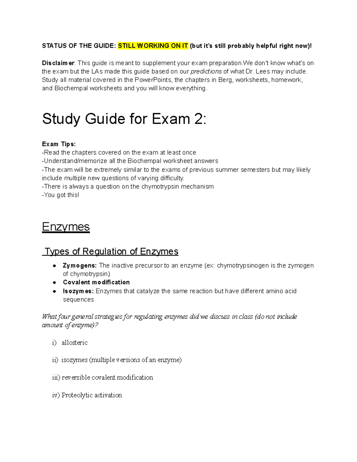 Biological Chemistry I Unofficial Study Guide For Exam 2(Work In ...