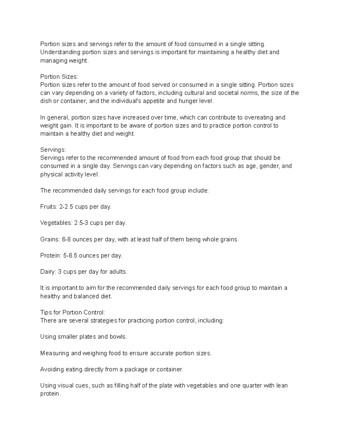 Portion Sizes and Servings Notes - Portion sizes and servings refer to ...