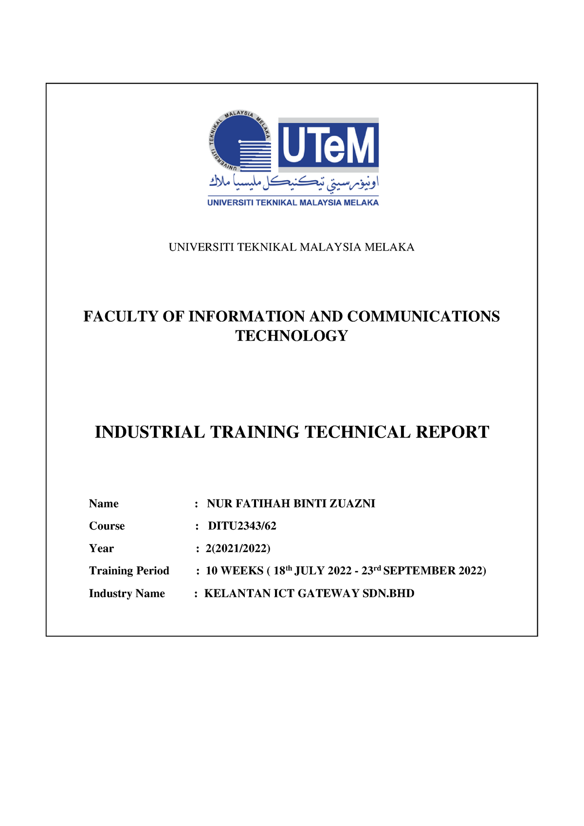 Report Draft - UNIVERSITI TEKNIKAL MALAYSIA MELAKA FACULTY OF ...