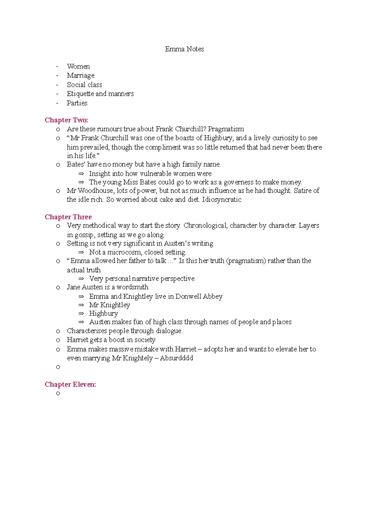 Emma Notes Emma Notes Women Marriage Social class Etiquette and