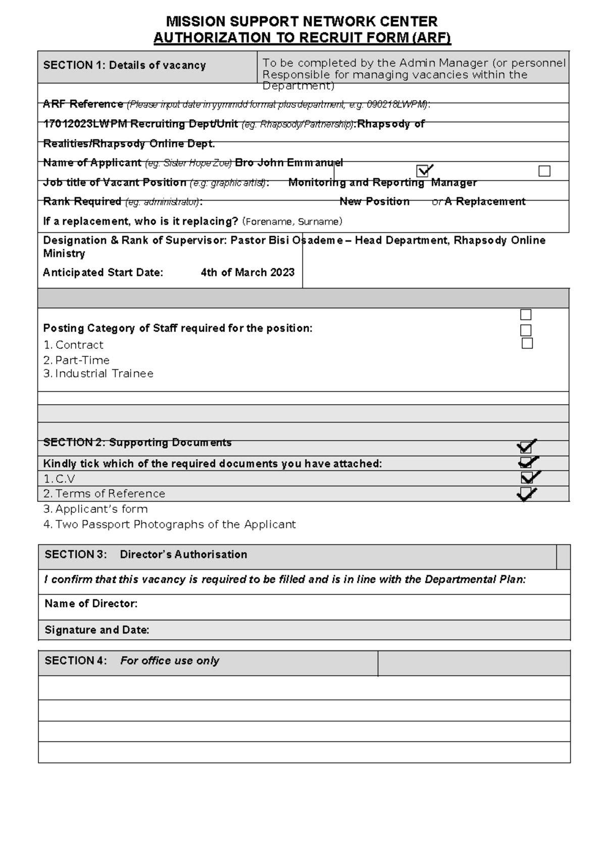 ARF FORM SAMPLE - MISSION SUPPORT NETWORK CENTER AUTHORIZATION TO ...