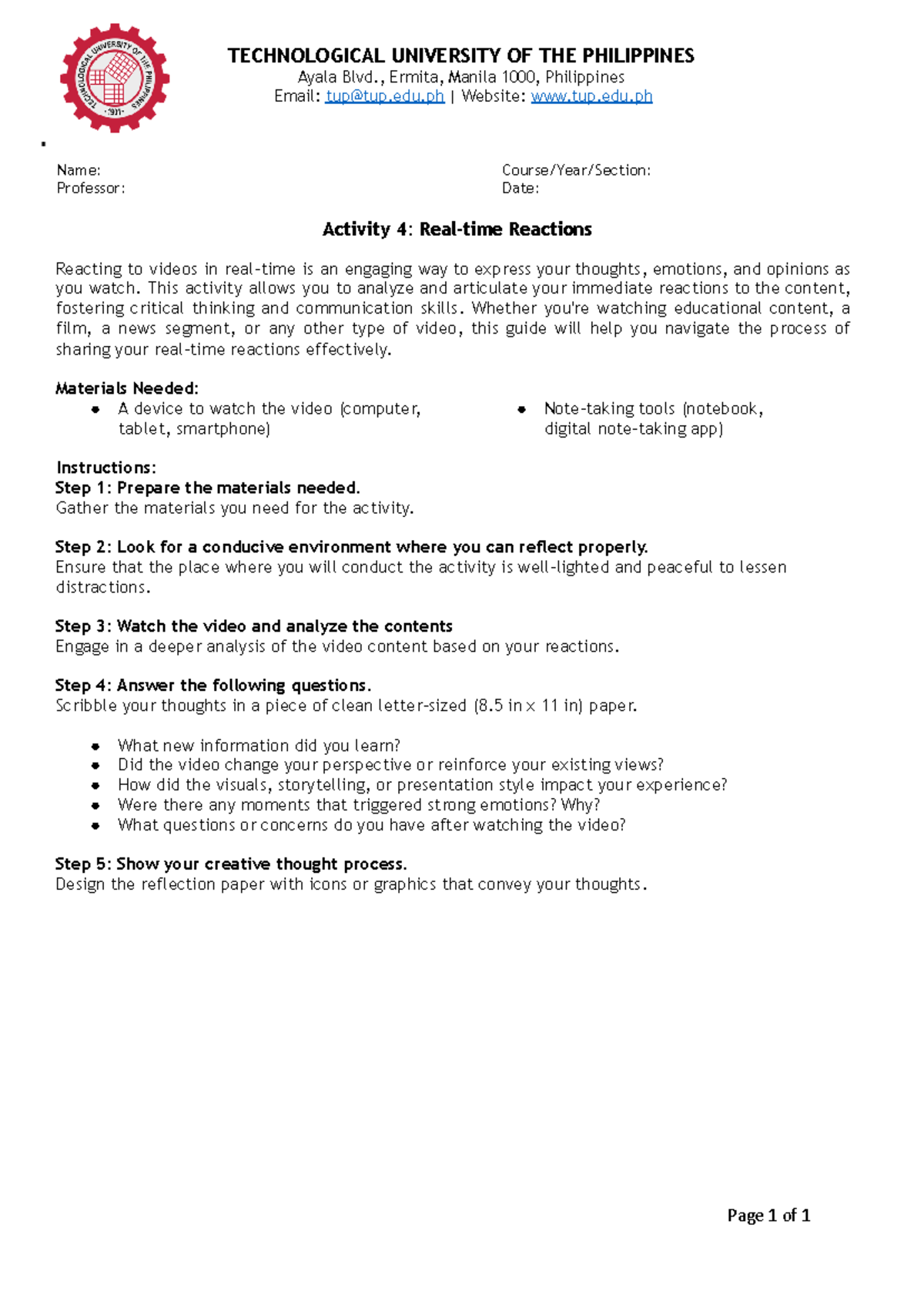 Activity 4 Real-time Reaction - TECHNOLOGICAL UNIVERSITY OF THE ...