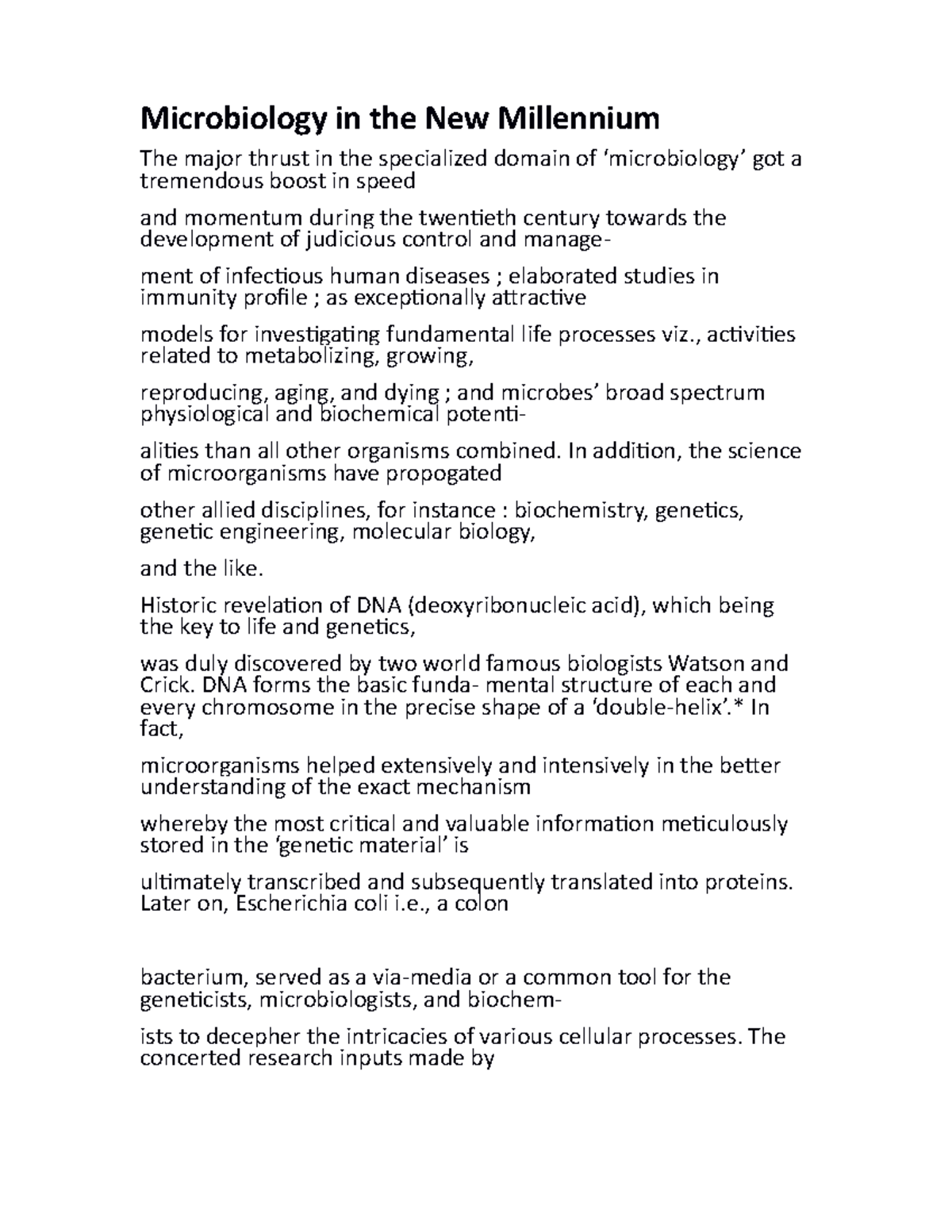 Microbiology in the New Millennium , activities related to