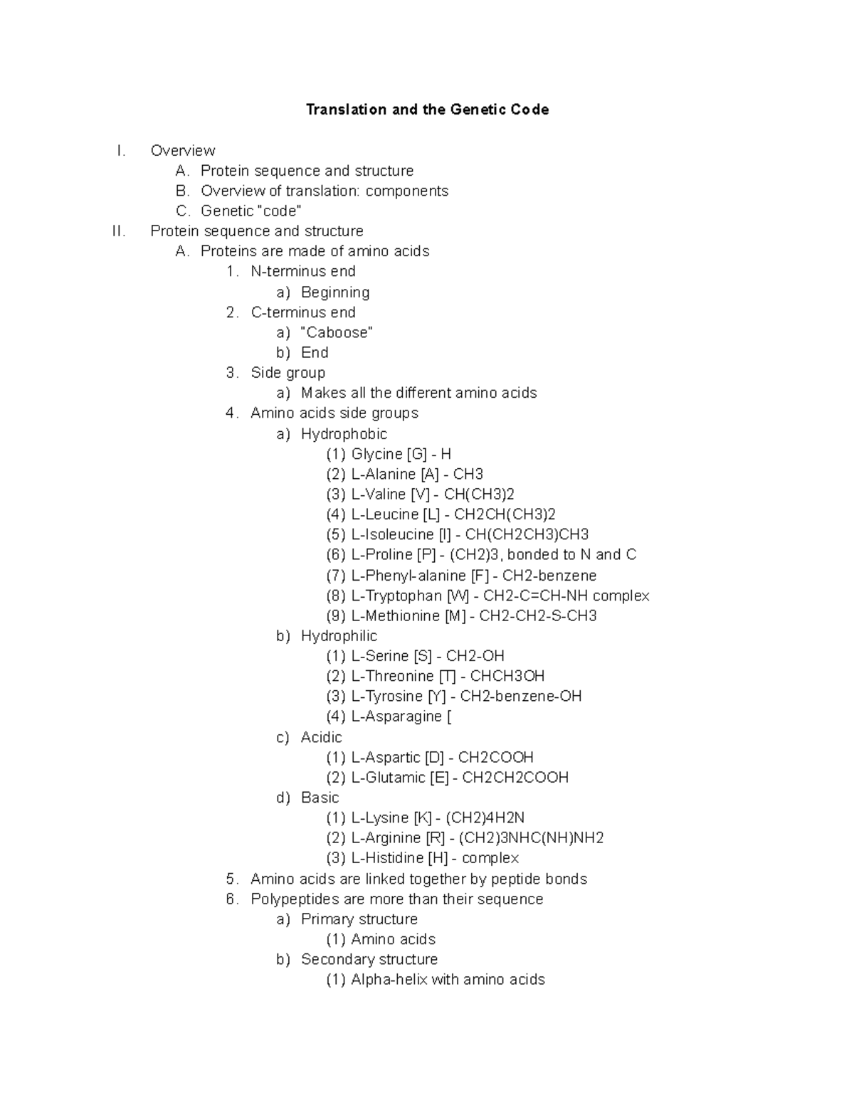 Translation and the Genetic Code - Overview A. Protein sequence and ...