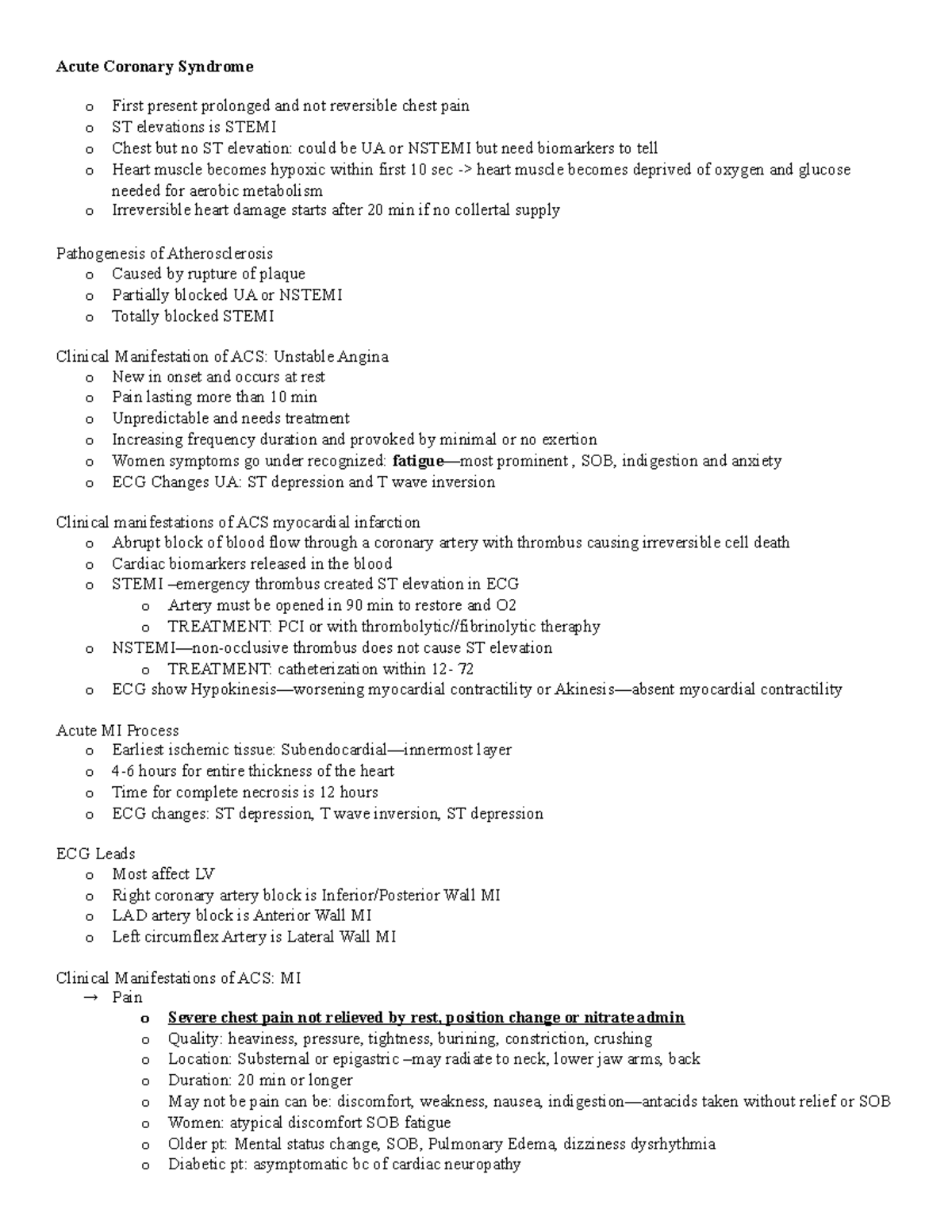 ACS Notes - Acute Coronary Syndrome o First present prolonged and not ...