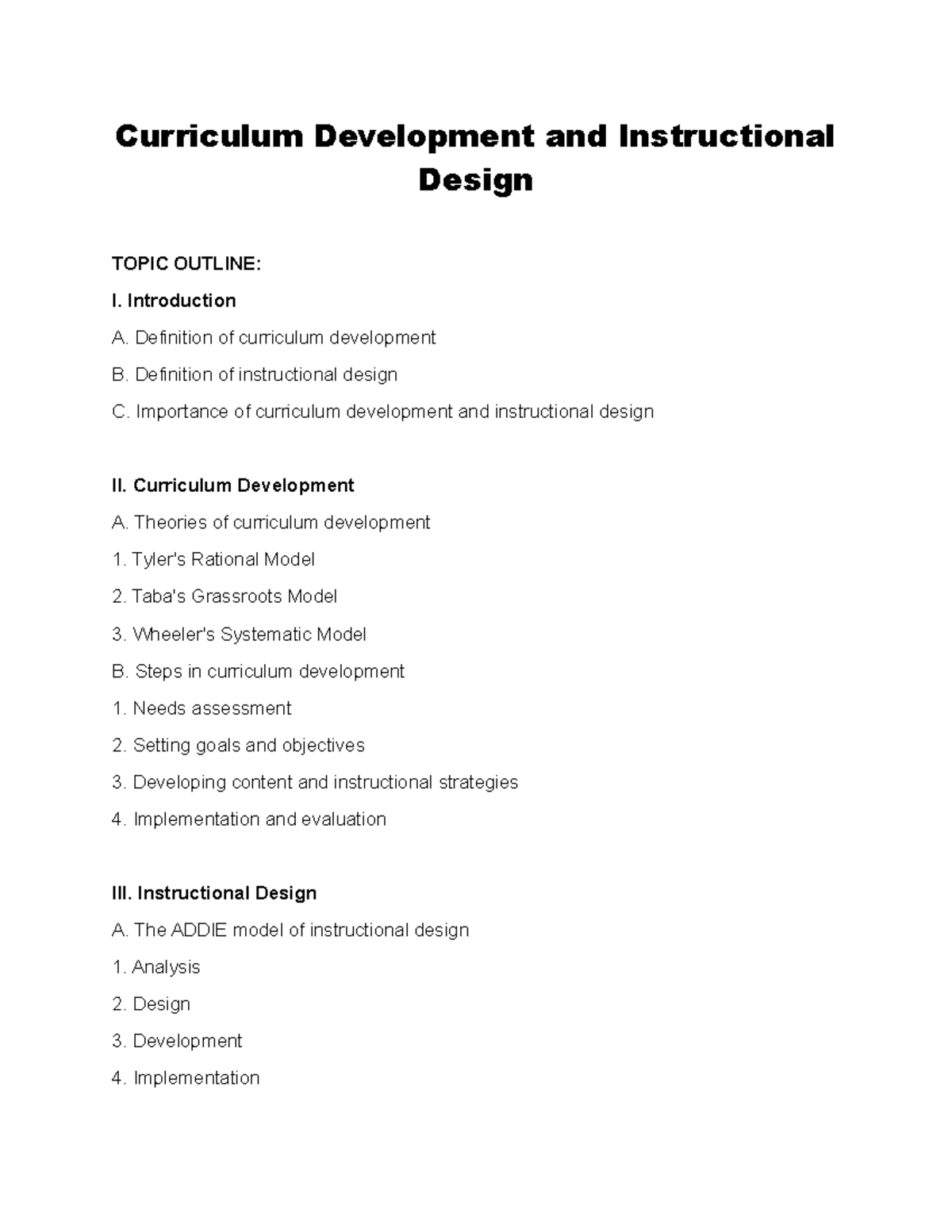 Curriculum Development and Instructional Design Curriculum