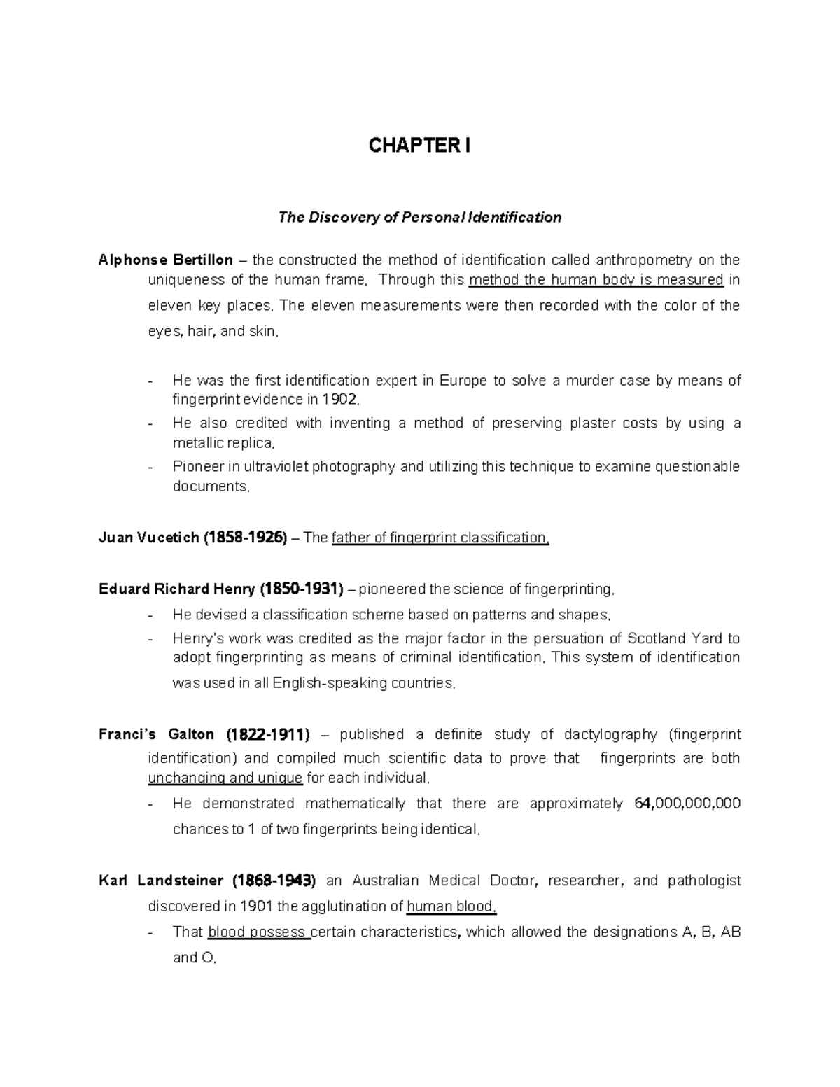 Fingerprint Manual 2ND SEM - CHAPTER I The Discovery of Personal ...