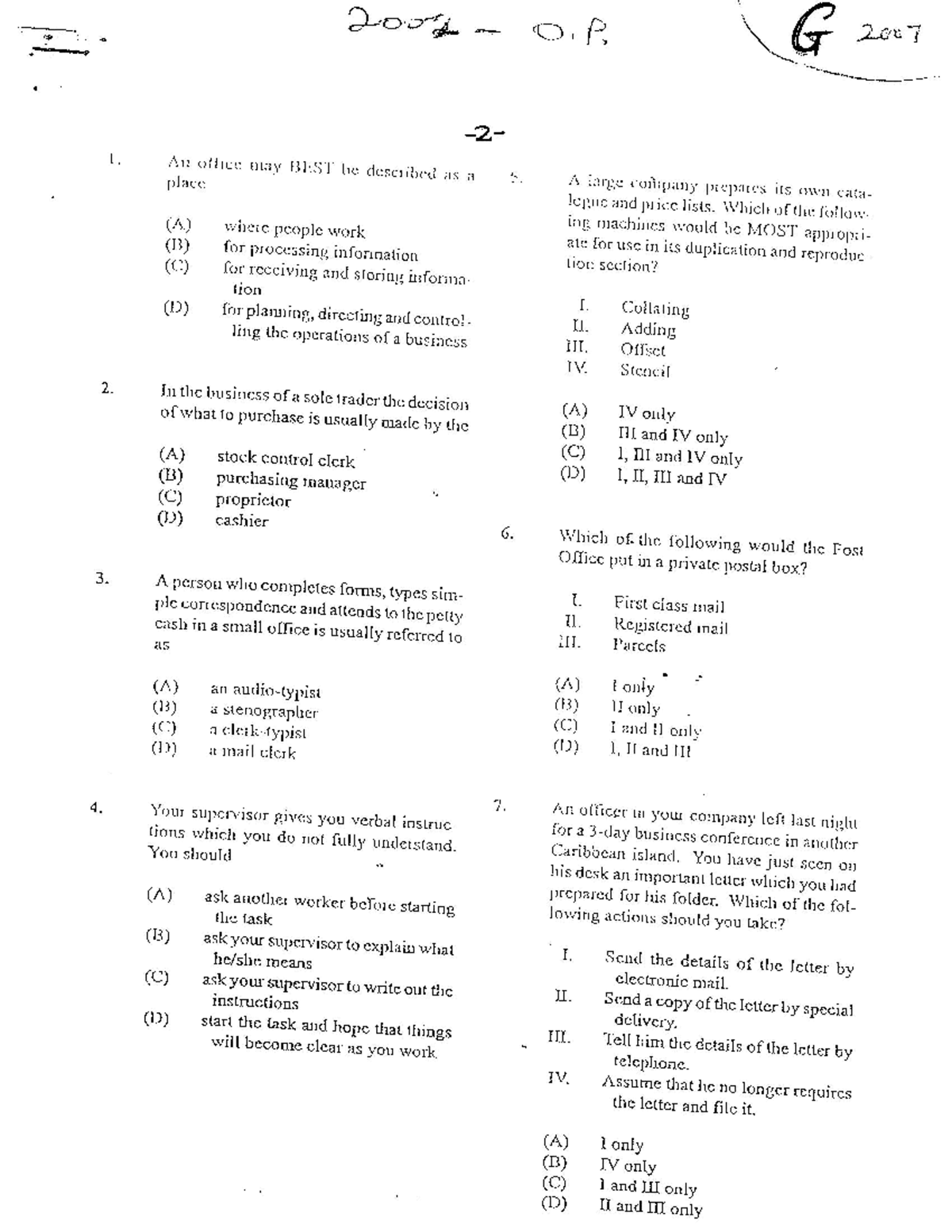 Multiple Choice G Its A Past Paper Office Administration Studocu