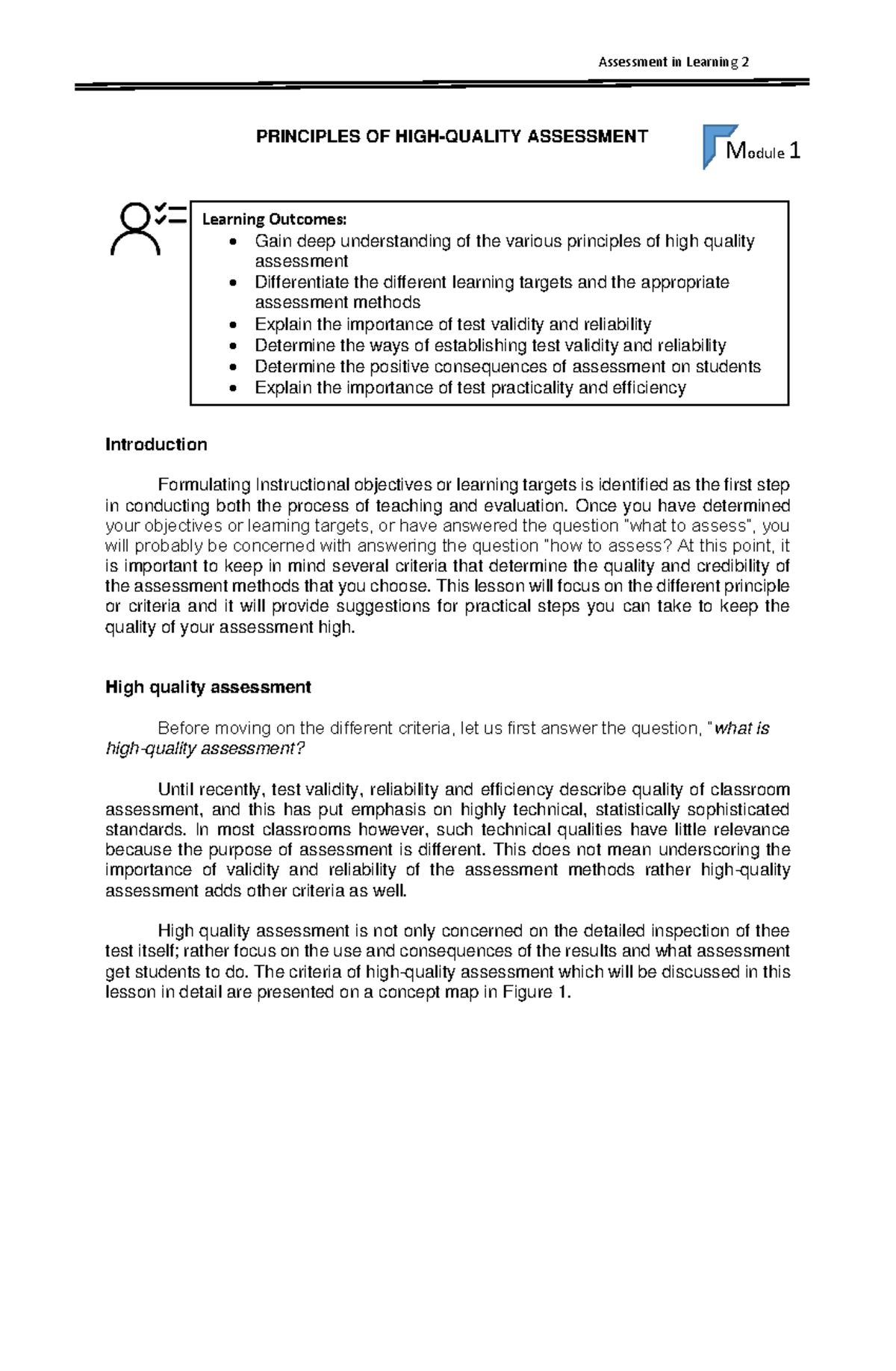 Module 1 Notes on Assessment Module 1 PRINCIPLES OF HIGHQUALITY