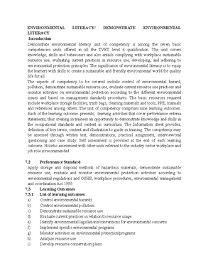 EVM Notes - ENVIRONMENTAL LITERACY Demonstrate sustainable resource use ...