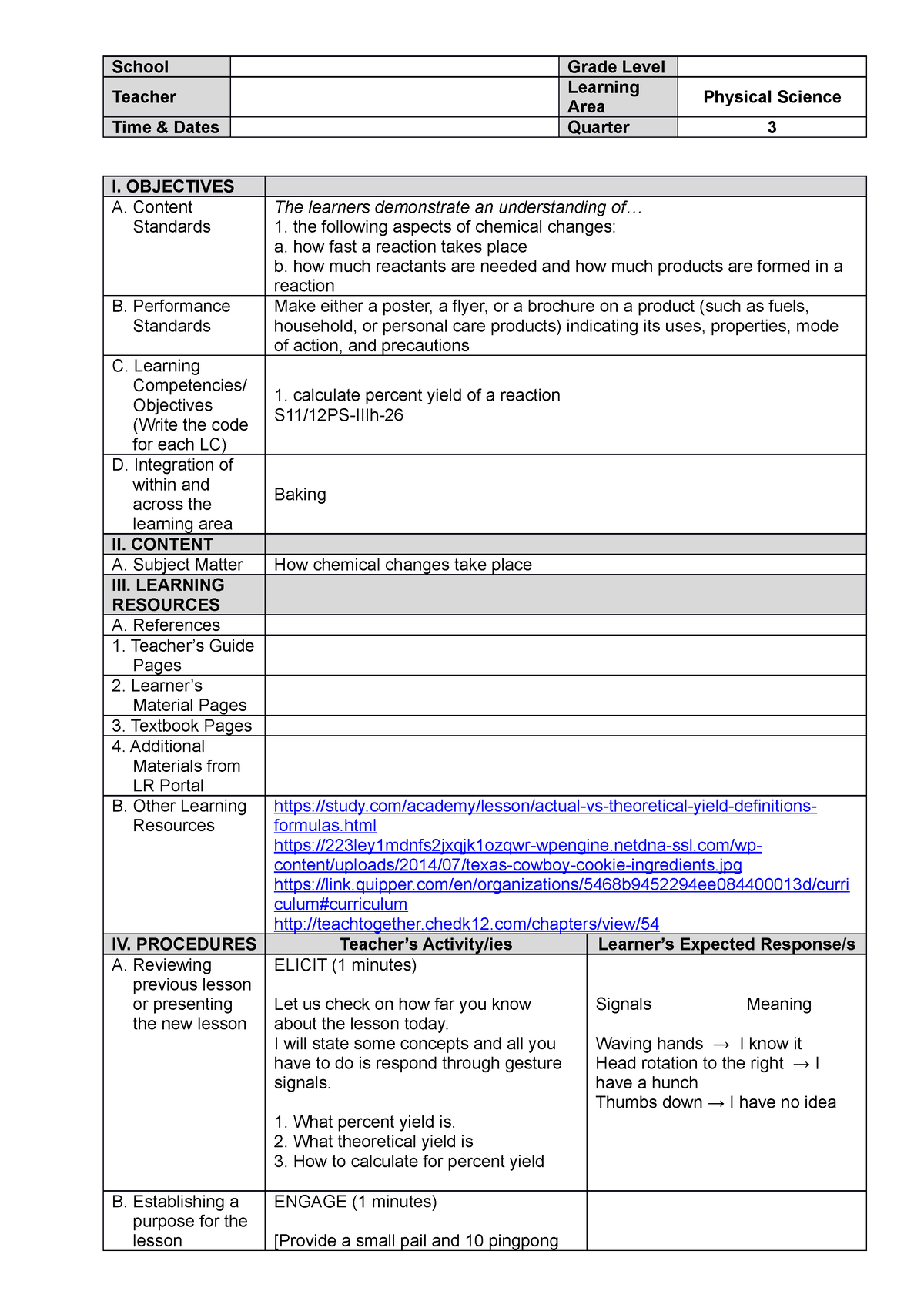 Physical Science Lesson Plan - School Grade Level Teacher Learning Area ...