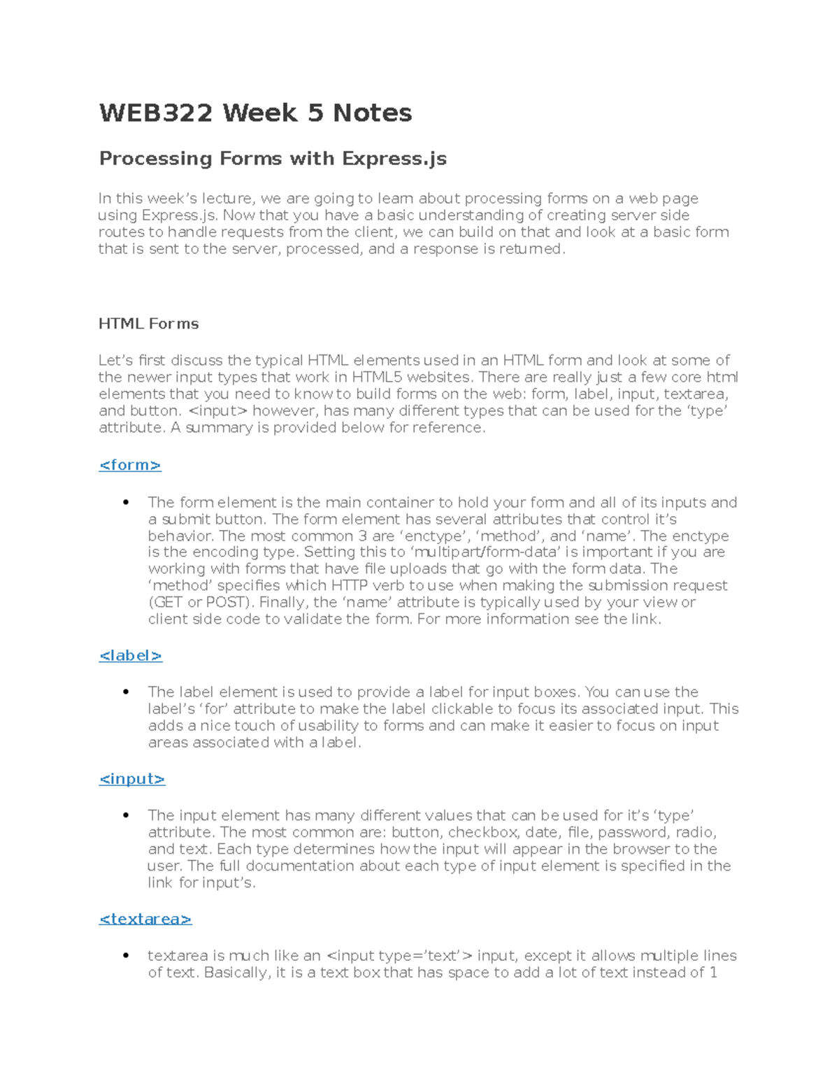WEEK 5 WEB 322 Notes - WEB322 Week 5 Notes Processing Forms with ...
