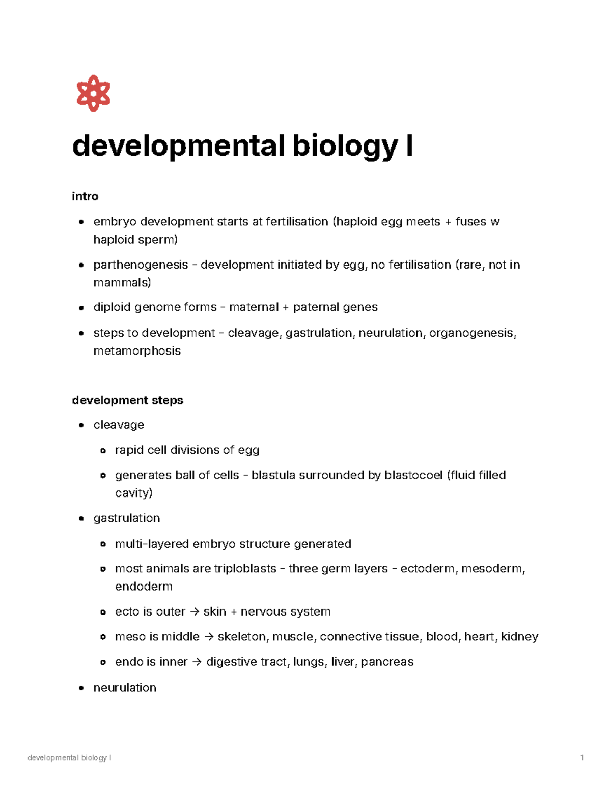 Developmental biology I - developmental biology I intro embryo ...