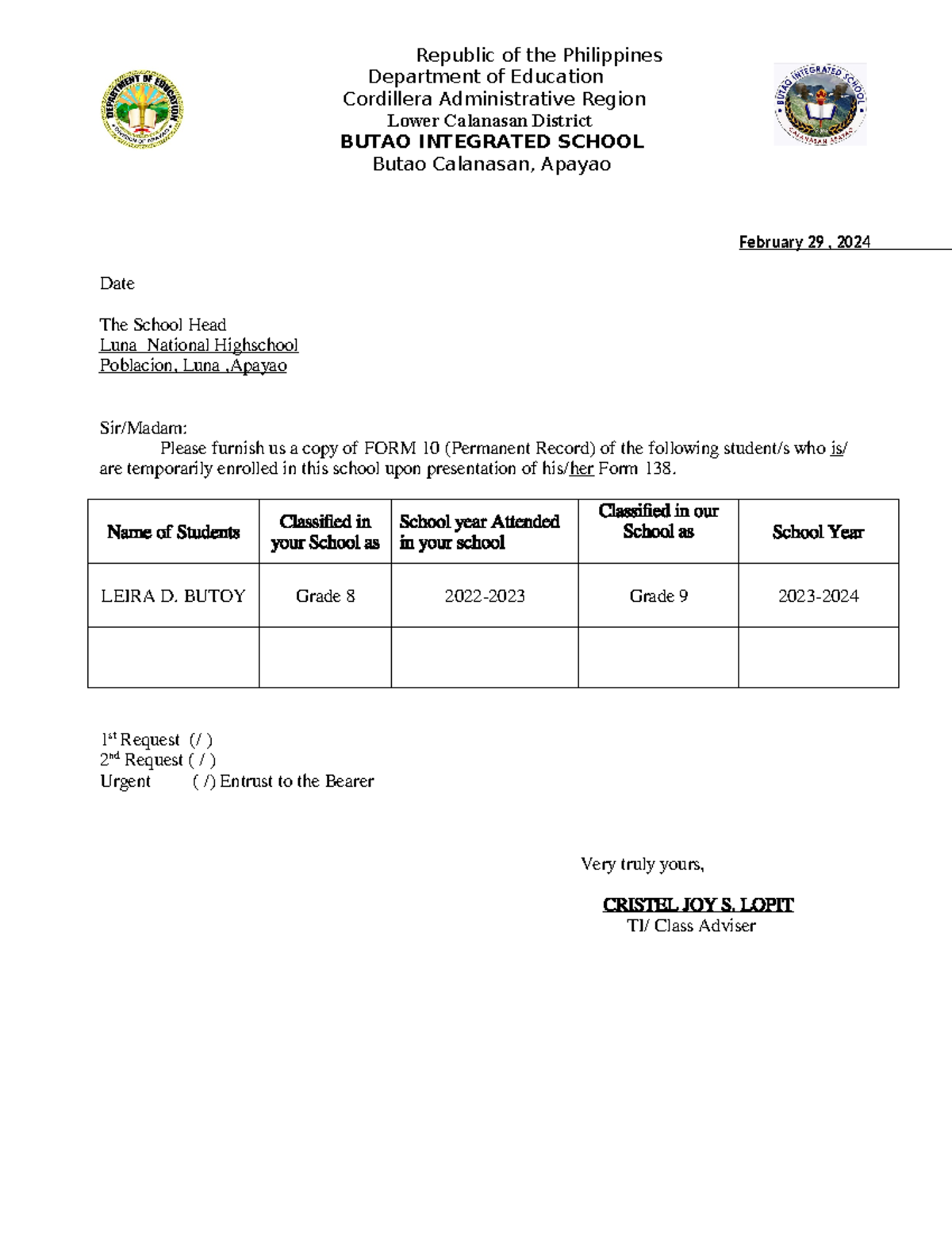 Request Letter FR TOR - Republic of the Philippines Department of ...