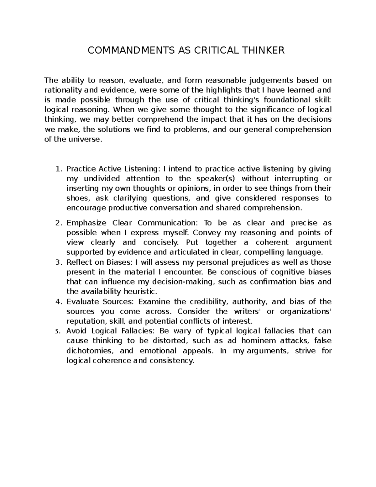 Commandments AS Critical Thinker - COMMANDMENTS AS CRITICAL THINKER The ...