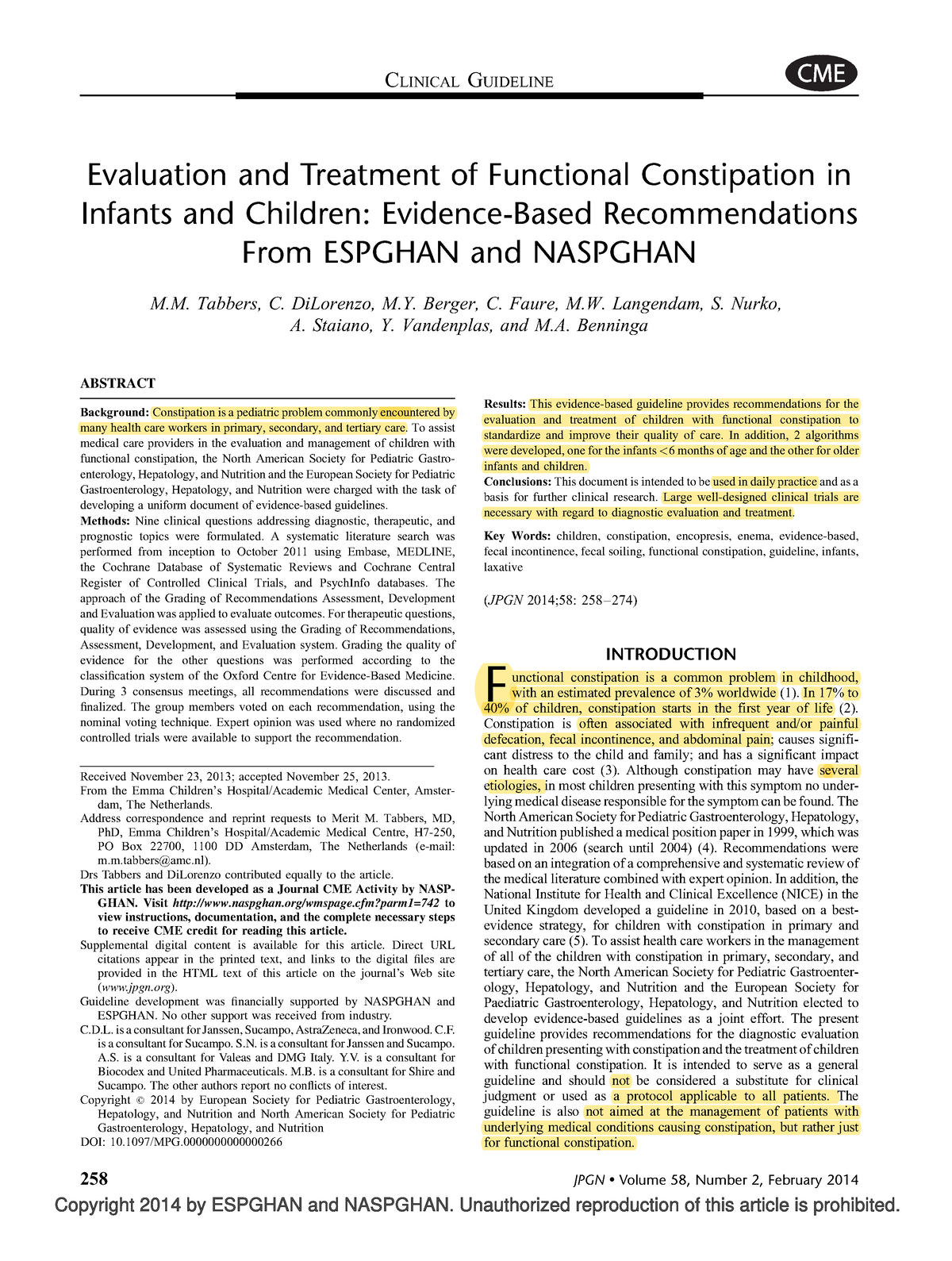 2014 Guidelines espghan and naspghan Stipsi CLINICAL GUIDELINE