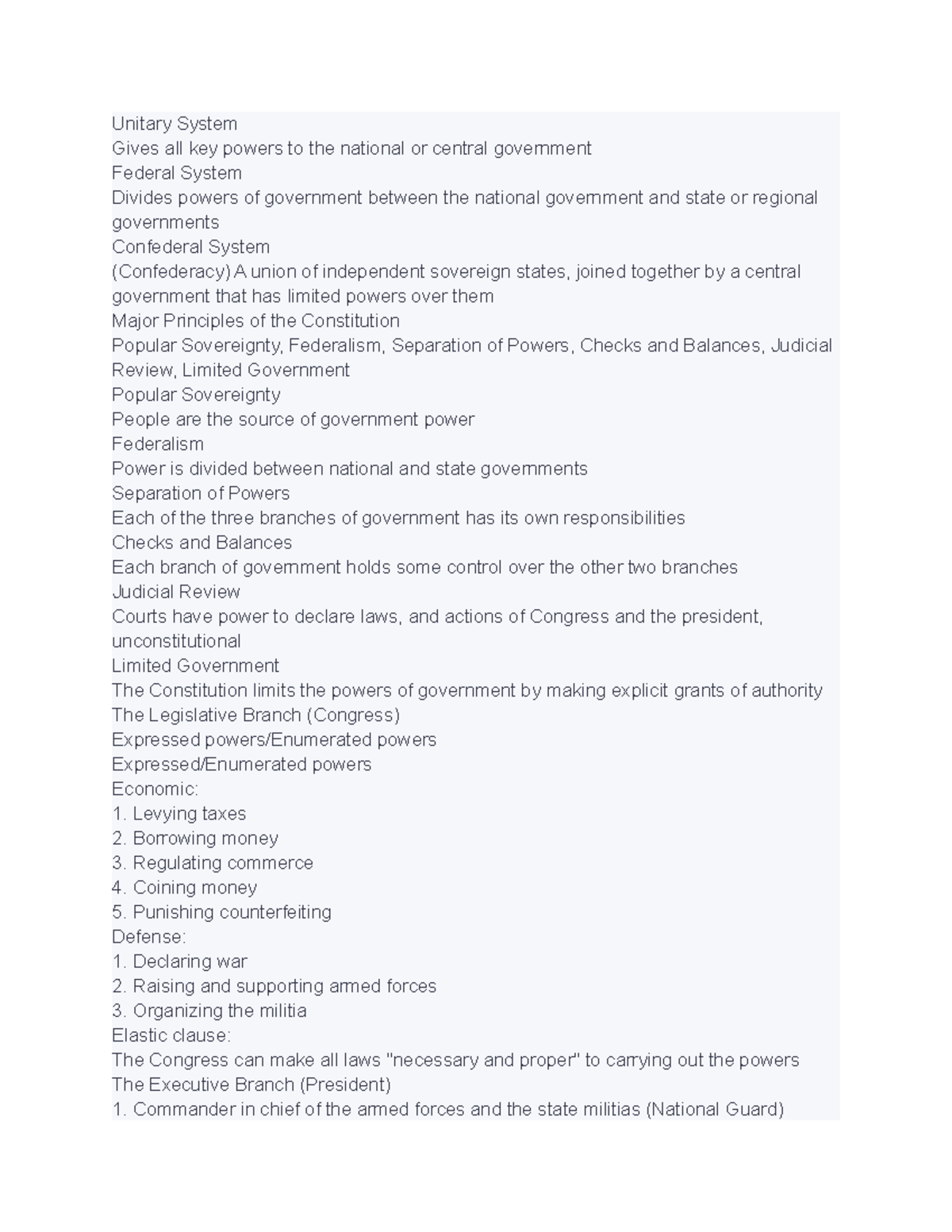 Psci 2305 Notes Pt 1 - Unitary System Gives All Key Powers To The ...