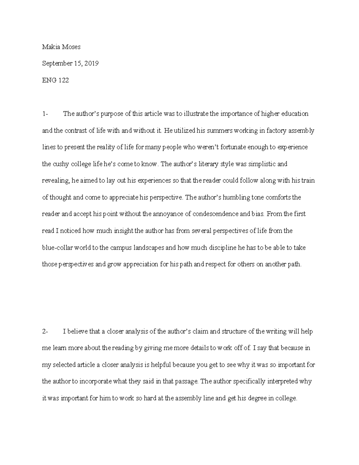 2-5 Writing Assignment - Makia Moses September 15, 2019 ENG 122 1- The ...