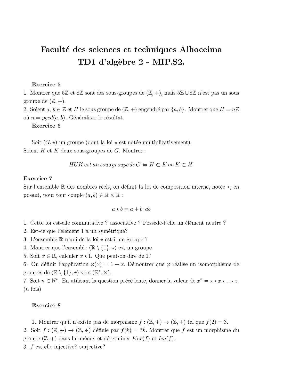 TD1 D’algèbre 2 Suite - ALGEBRE 2 TD - Facult ́e Des Sciences Et ...