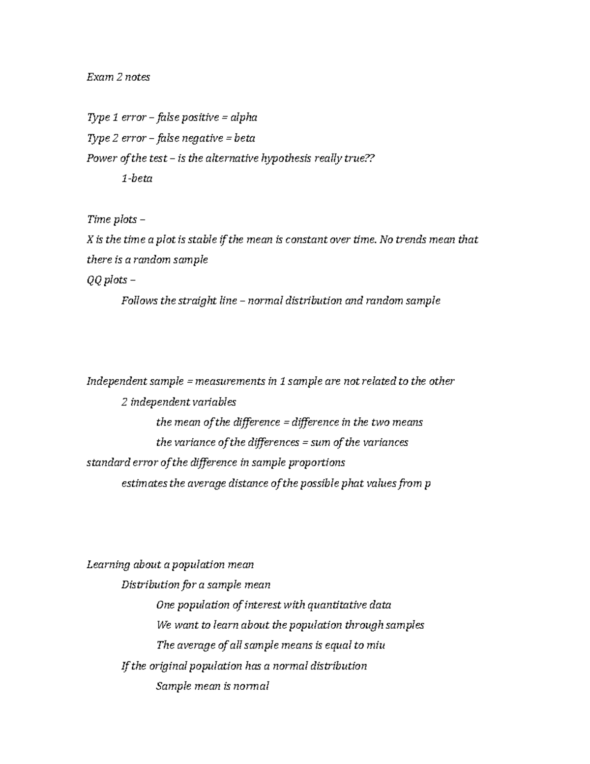 Exam 2 Notes Exam 2 Notes Type 1 Error False Positive Alpha Type