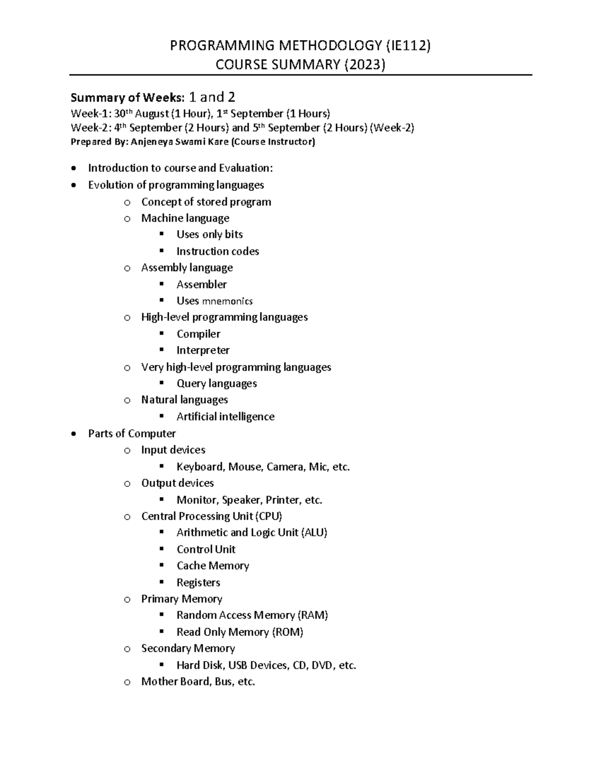 Week 1 2 Summary - C++ - PROGRAMMING METHODOLOGY (IE112) COURSE SUMMARY ...