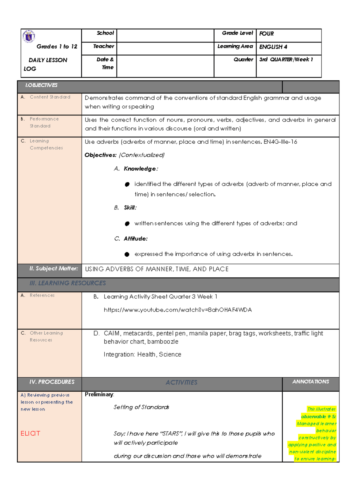 Cot english 4 adverbs - Grades 1 to 12 DAILY LESSON LOG School Grade ...