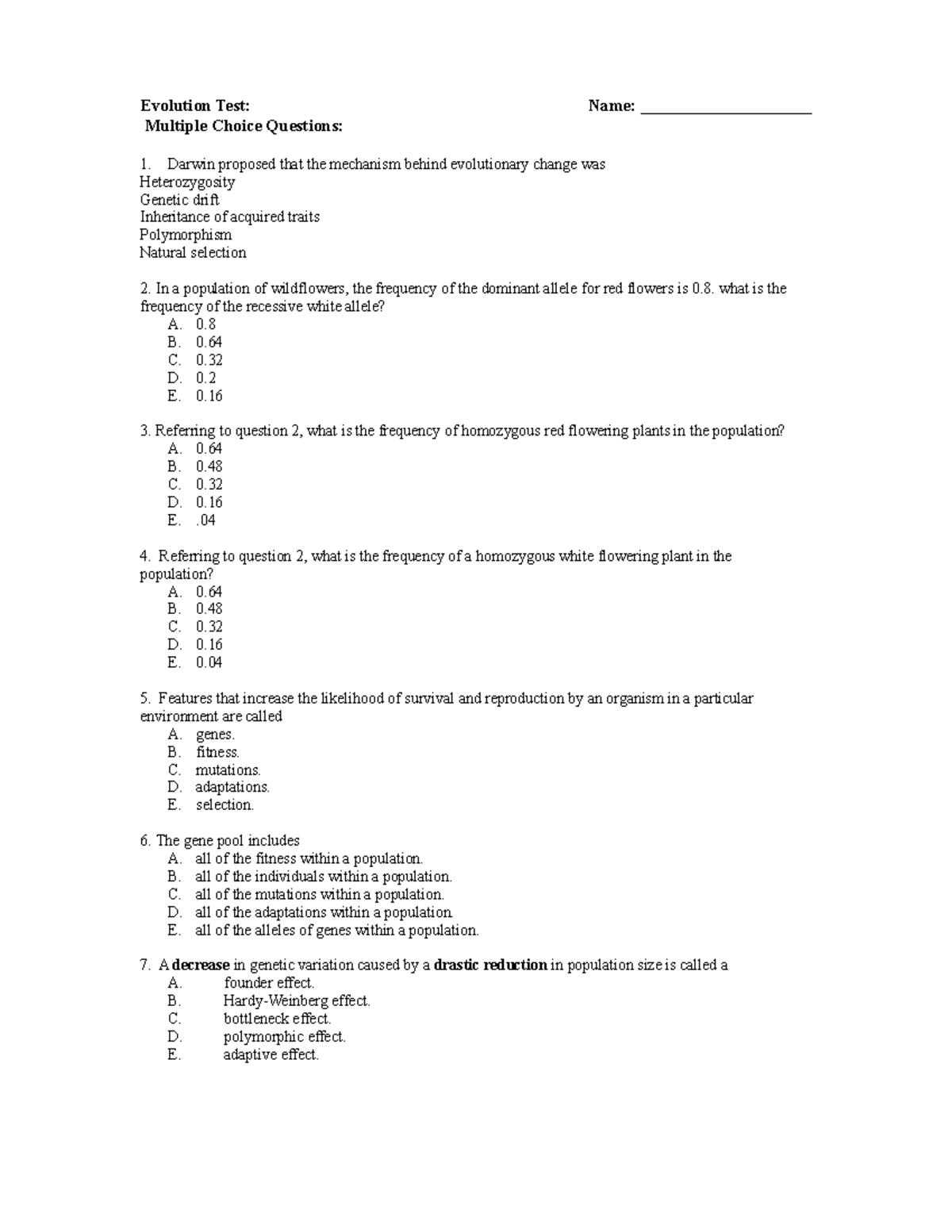 Evolution Test 2 - Biology - Evolution Test: Name ...