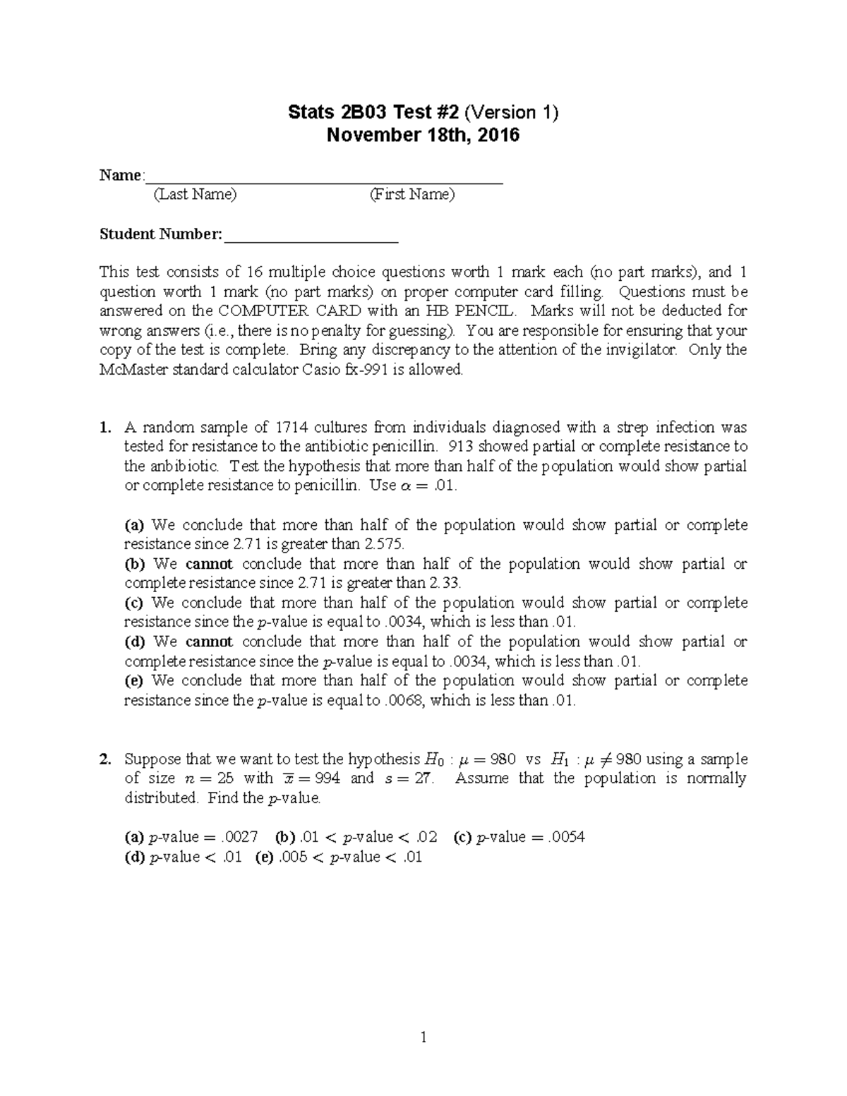 Sample/practice Exam 2016, Questions And Answers - Stats 2B03 Test #2 ...