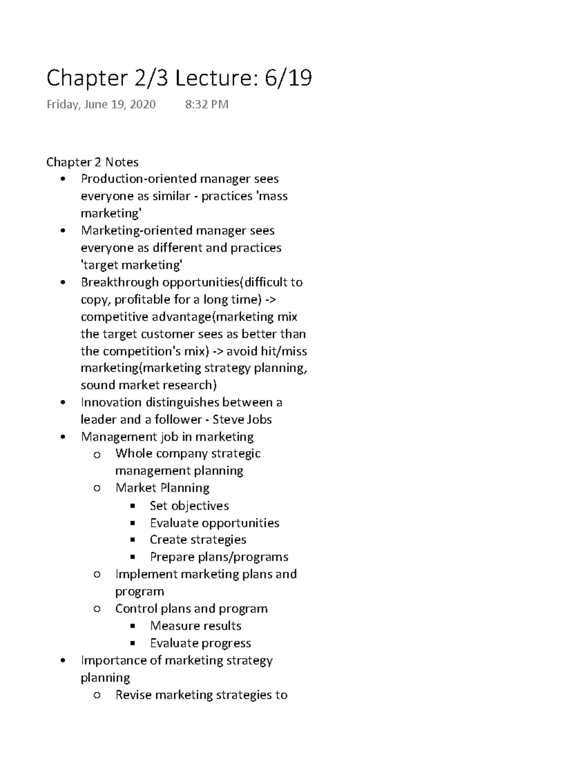 Chapter 23 Lecture 619 Chapter 2 Notes Production Oriented Manager