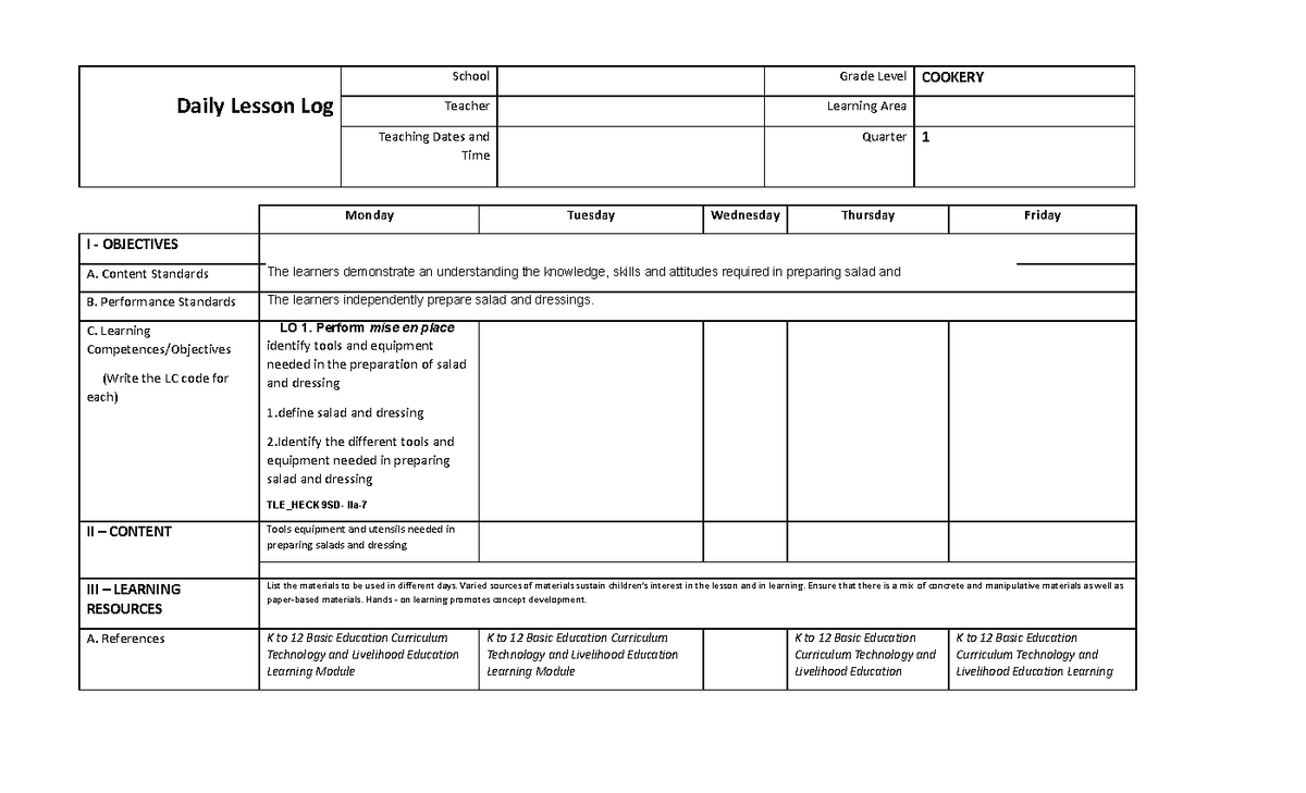 DLL In Cookery Docx - Daily Lesson Log School Grade Level COOKERY ...