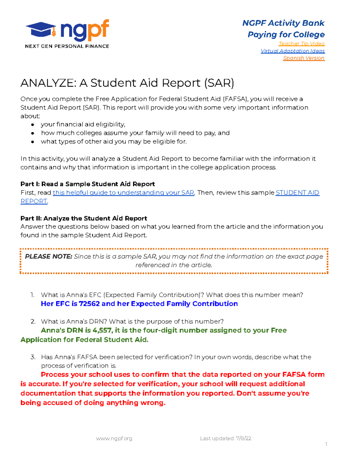Analyze A Student Aid Report (SAR) NGPF Activity Bank Paying for