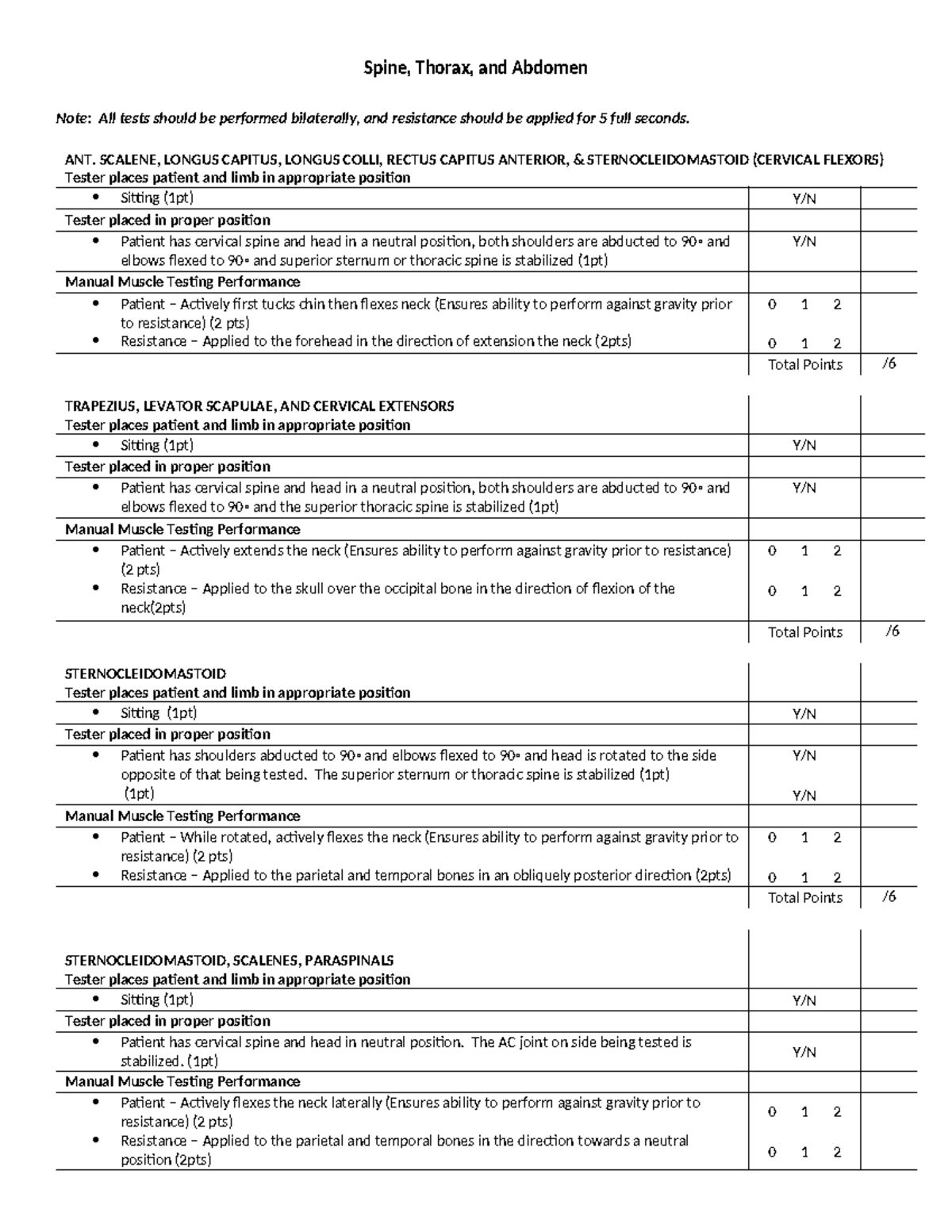 MMT - Spine thorax abdomen - Spine, Thorax, and Abdomen Note: All tests ...