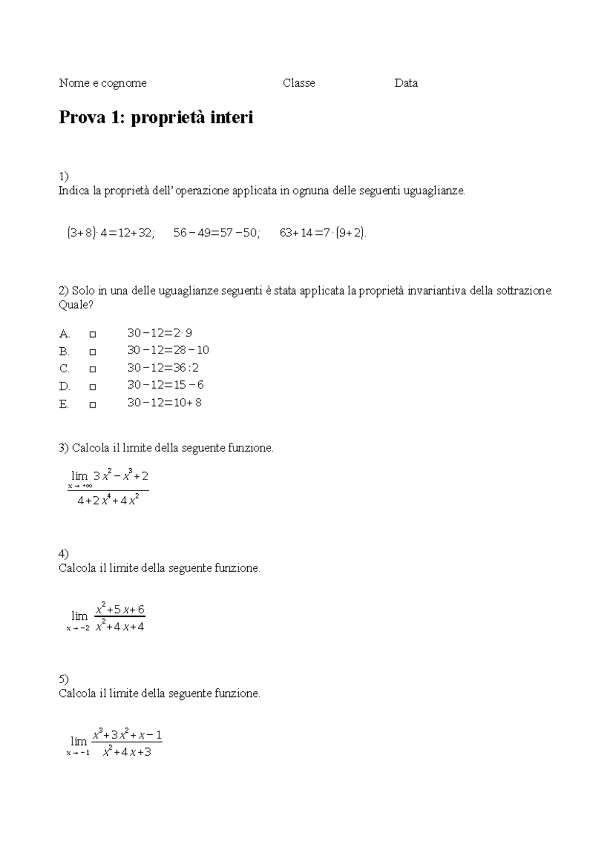 Propriet Interi 1 Teoria Schema Nome E Cognome Classe Data Prova 1