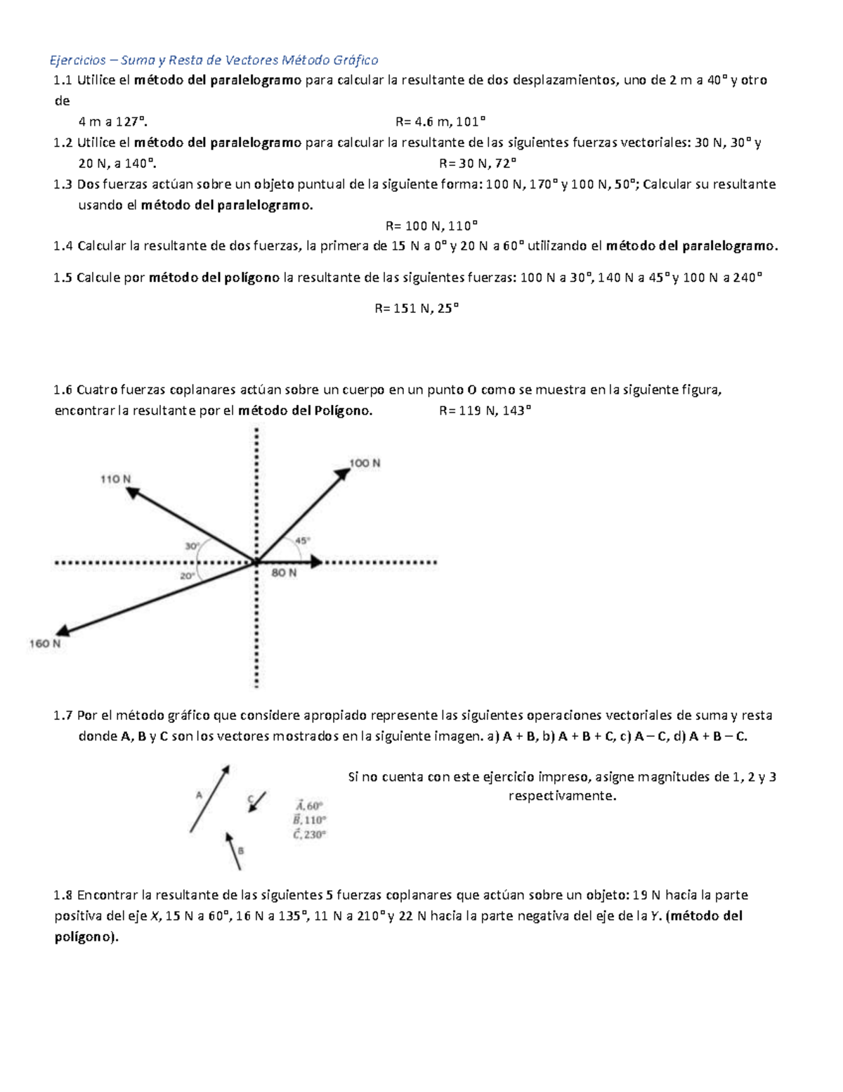 Problemario Física I - Ejercicios – Suma y Resta de Vectores Método ...