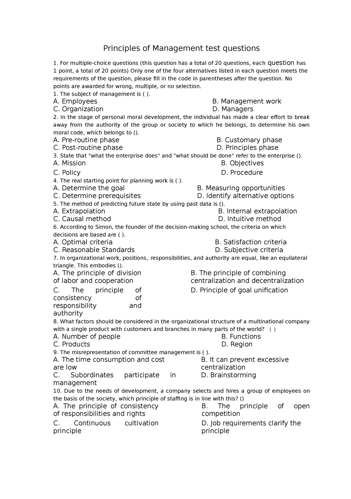 Principles Of Management Test Questions - For Multiple-choice Questions ...