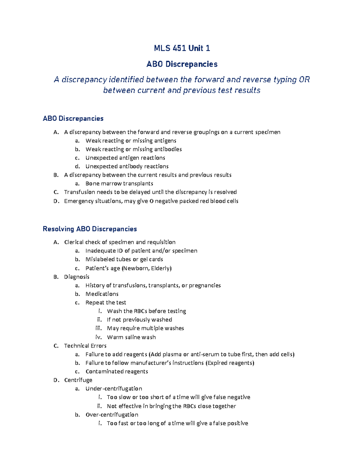 MLS 451 Unit 1 - B. ABO Discrepancies - MLS 451 Unit 1 ABO ...